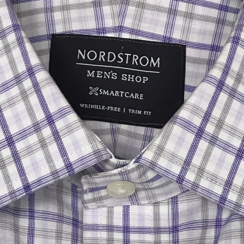 Nordstrom Mens Shop Smartcare Dress Shirt Purple Grey Plaid Trim Fit 16.5 32-33